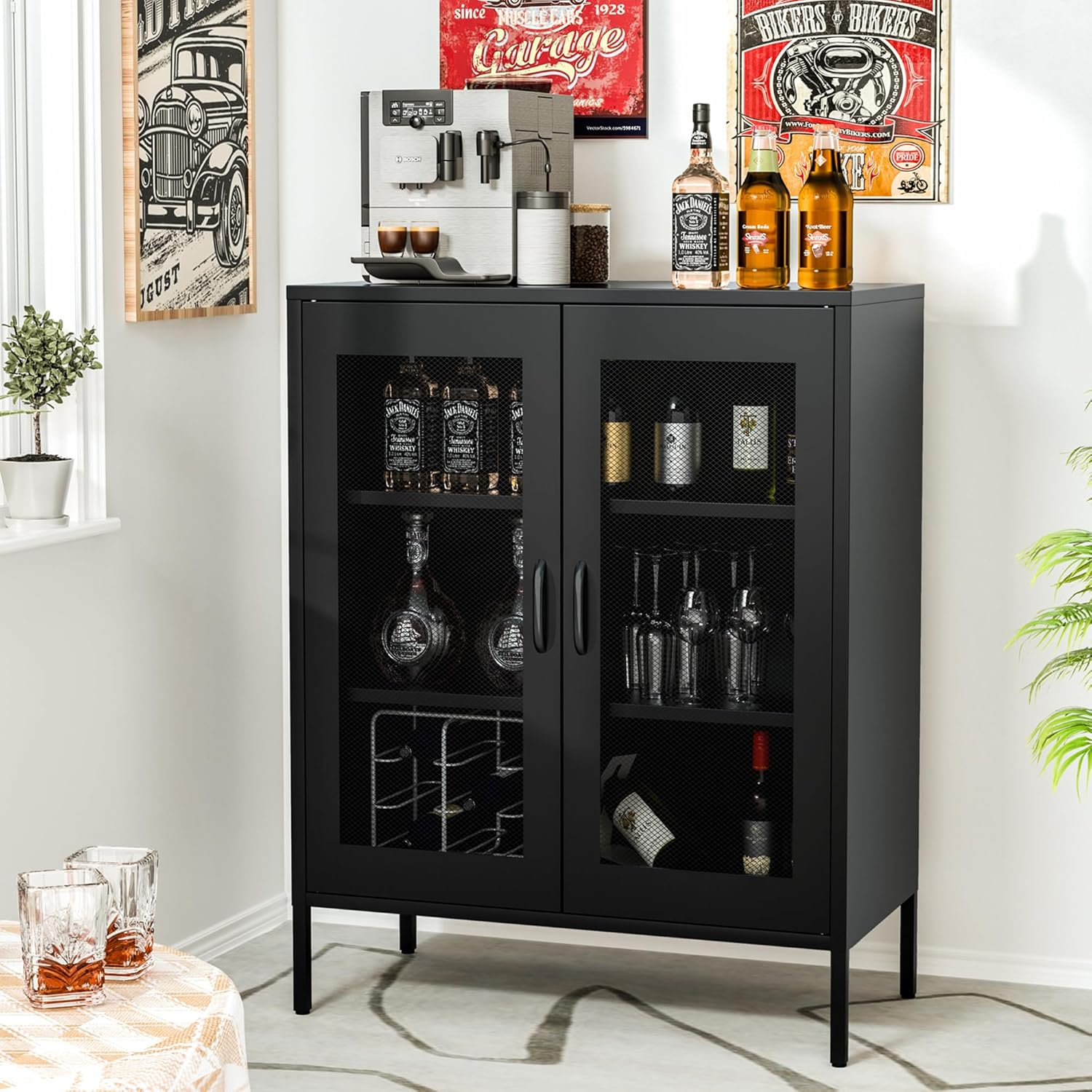 Metall-Speicherschrank mit Maschendrahttüren, Sideboard-Schrank mit 2 Türen und 2 verstellbaren Regalen, Mehrzweck-Schrank aus Stahl, 40B x 80T x 101,5H cm, Schwarz