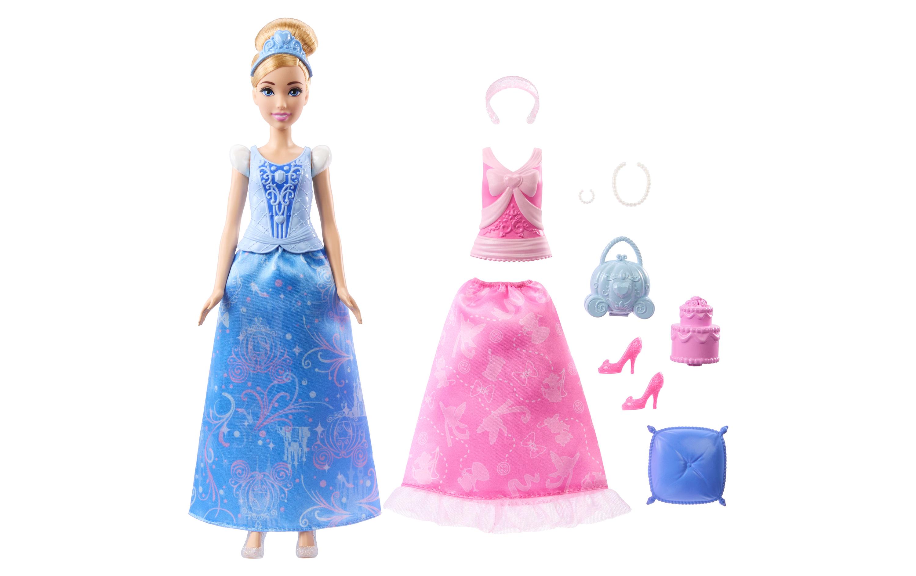 Spielset 2-in-1-Geschichten Cinderella-ModepuppePuppe mit 2 Oberteilen zum Anklipsen, 2 Röcken und 9 Accessoires
