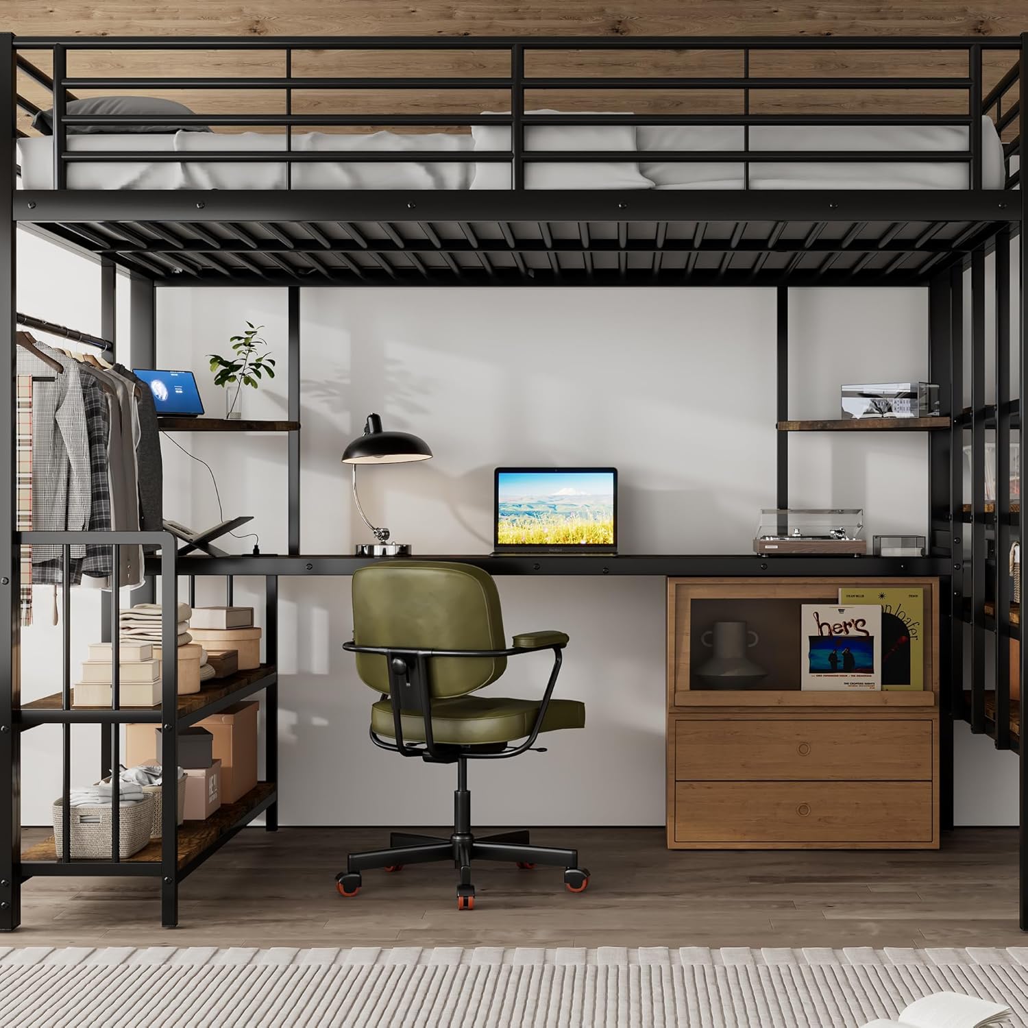 HESHU Metallbett Hochbett 120x200cm mit Schreibtisch und Ablageregal, Eisenbett Etagenbett mit offenem Kleiderschrank mit Hängebereich, Ecktreppe, Eisen + MDF, Schwarz+dunkle