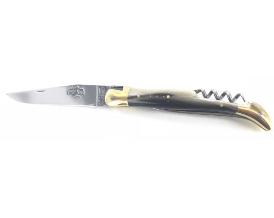 Laguiole Tradition 12 cm - 2 mitres Laiton - 3 pièces - Ponte de Corne - Acier T12 Couteau de Poche Forge de Laguiole
