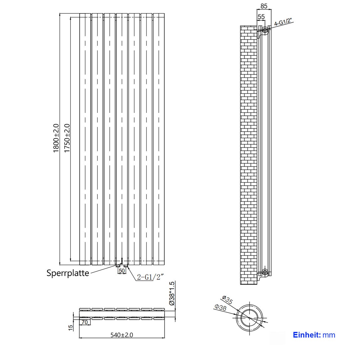 EMKE Designradiator, Badkamerradiator, Platte Radiator, Design Paneelradiator, Verticaal, Dubbellaags, Middenaansluiting, 180x54cm, 1949W, Wit