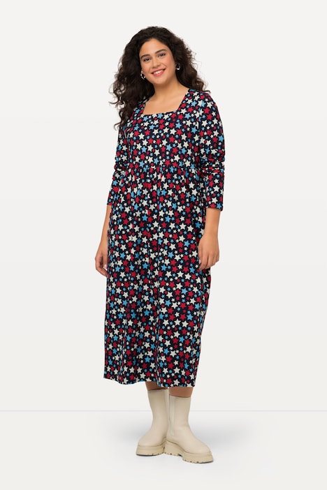 Kleid, Jersey mit Sterne, A-Linie, Carree-Ausschnitt, Langarm