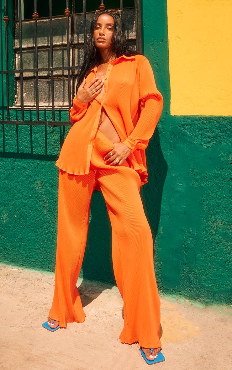 Bright Orange Pantalon Plissé Taille Haute Jambe Large Ensemble Coordonné