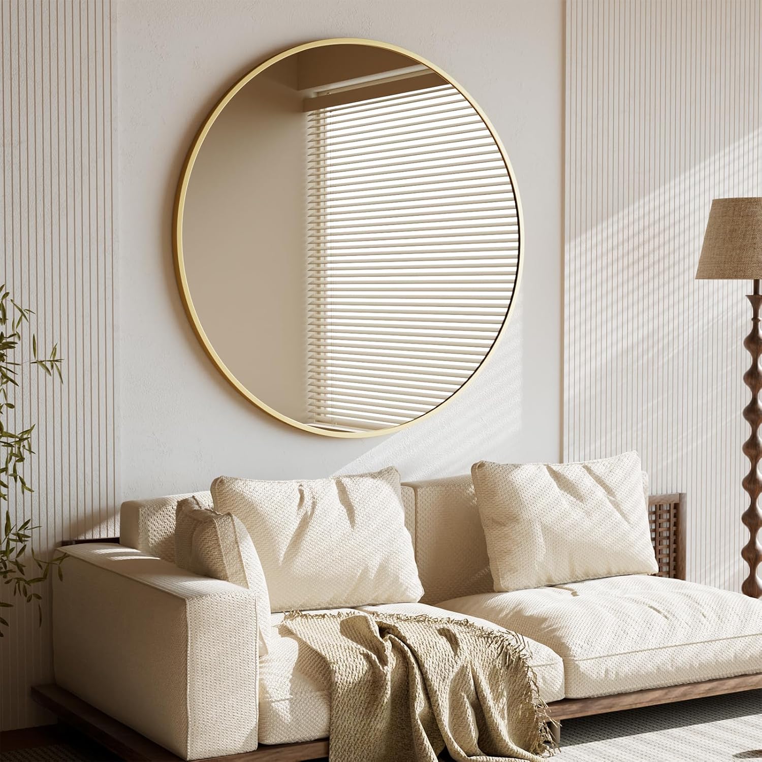 BEAUTYPEAK 106 cm Runder Spiegel, Bruchsicherer Wandspiegel mit Aluminiumrahmen, Badezimmer Spiegel zum Aufhängen und Anlehnen, Rund Wandspiegel für Schlafzimmer, Bad, Wohnzimmer Gold