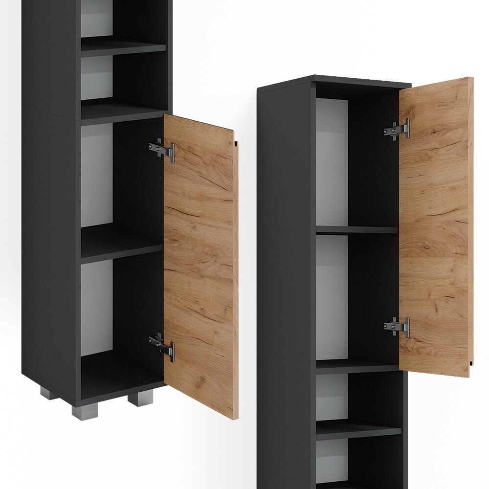 Vicco Hochschrank Badschrank Badezimmermöbel J-shape Anthrazit Eiche modern 30x190cm Badezimmer Schrank Badmöbel Schranktür Schrankfach Aufbewahrung Ablage