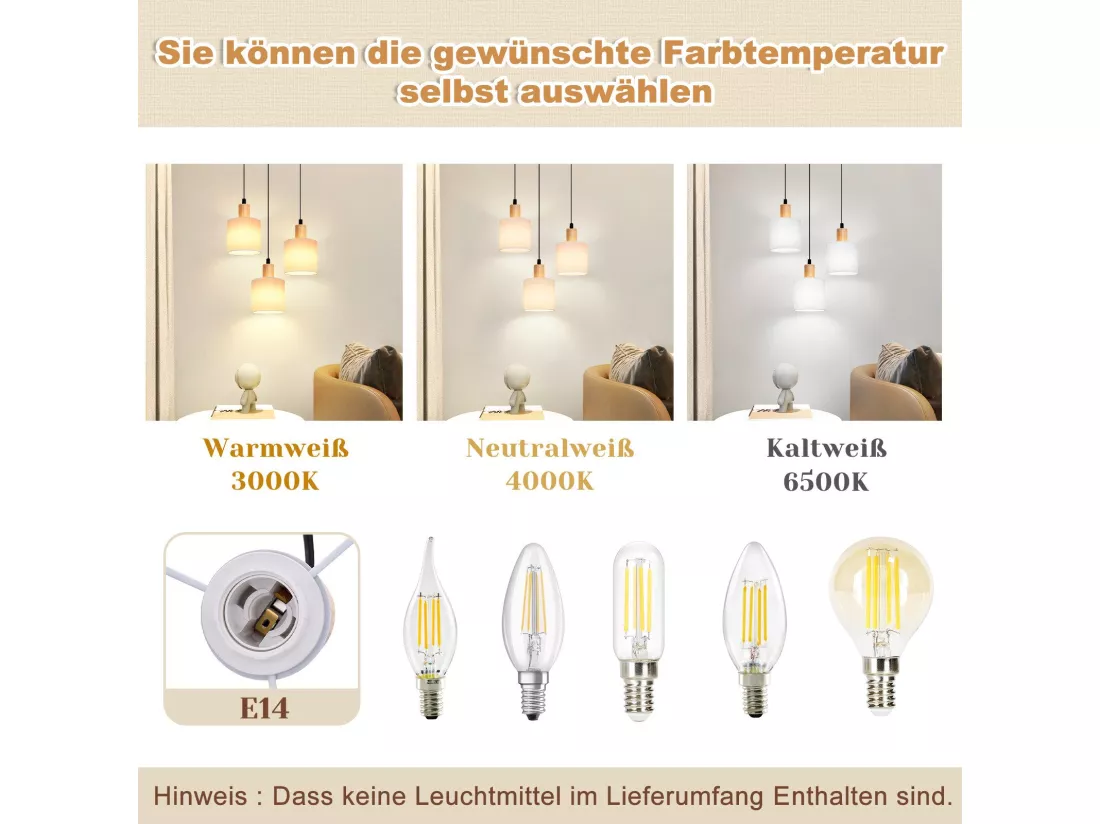 NETTLIFE Suspension bois blanc Diam.20 cm E14 vintage 3 ampoules ronde pour salle à manger restaurant cuisine chambre bureau