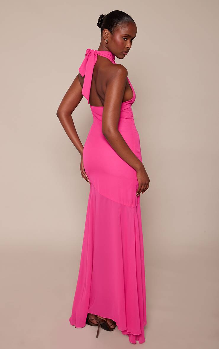 Fuchsia Robe Longue Cache-cœur En Mousseline Col Licou Taille Basse Asymétrique