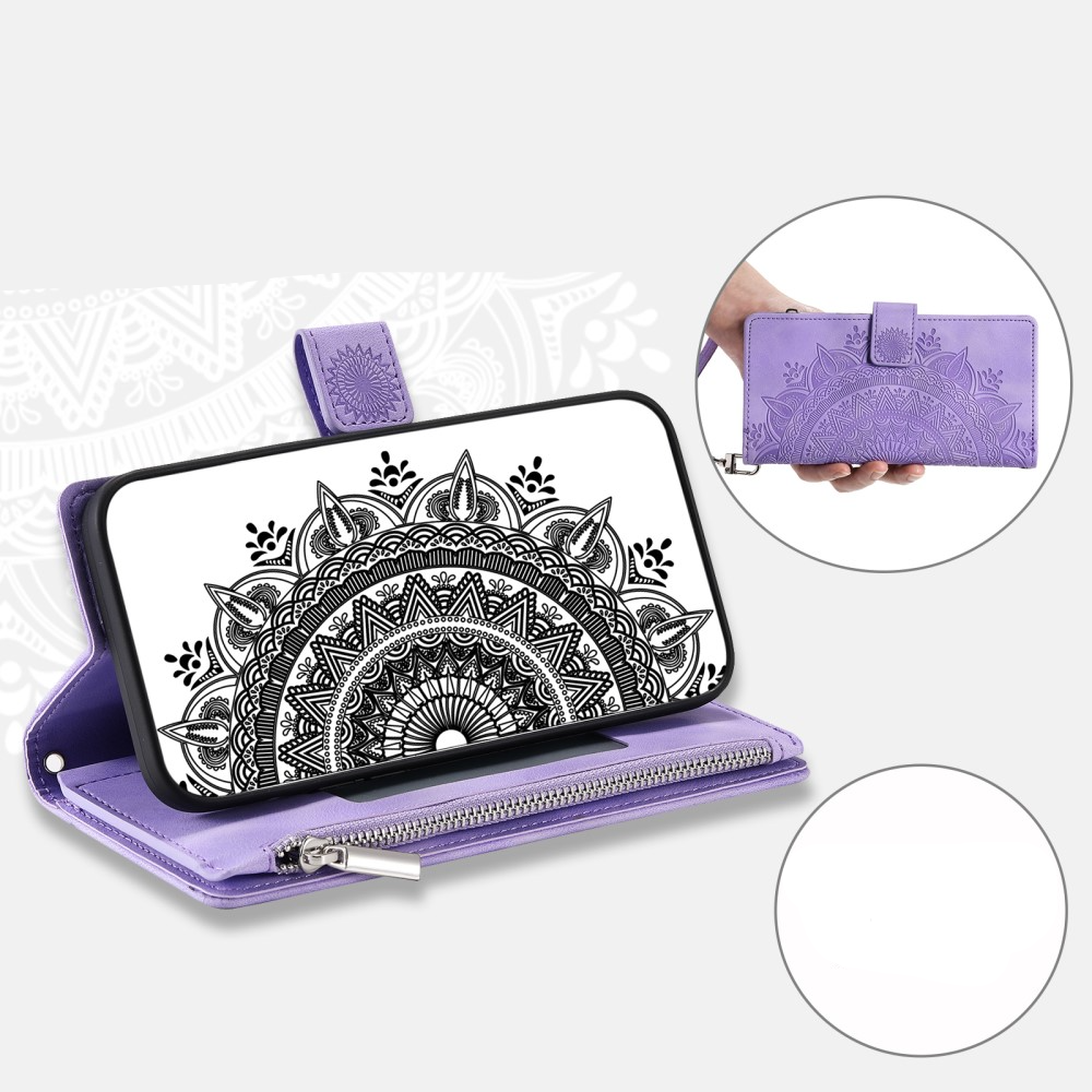 iPhone 15 Leder Tasche Flip Cover mit Reissverschluss - Mandala Flowers Imprint - Lila