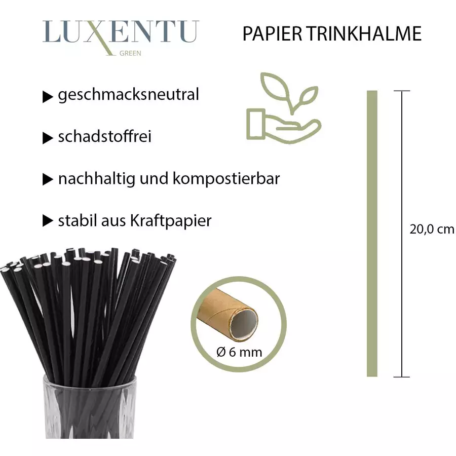 Luxentu Papier-Trinkhalme einfarbig 20 cm 100er Set schwarz