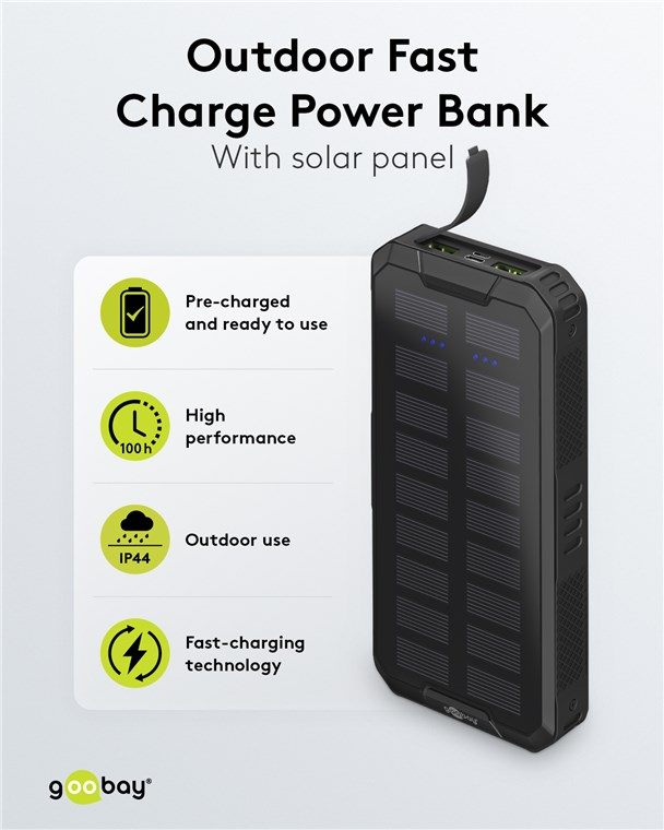 (18W) Spritzwasserfeste Outdoor Solar Powerbank 20000mAh (2A) mit LED Anzeige und Taschenlampe (53934) - Schwarz