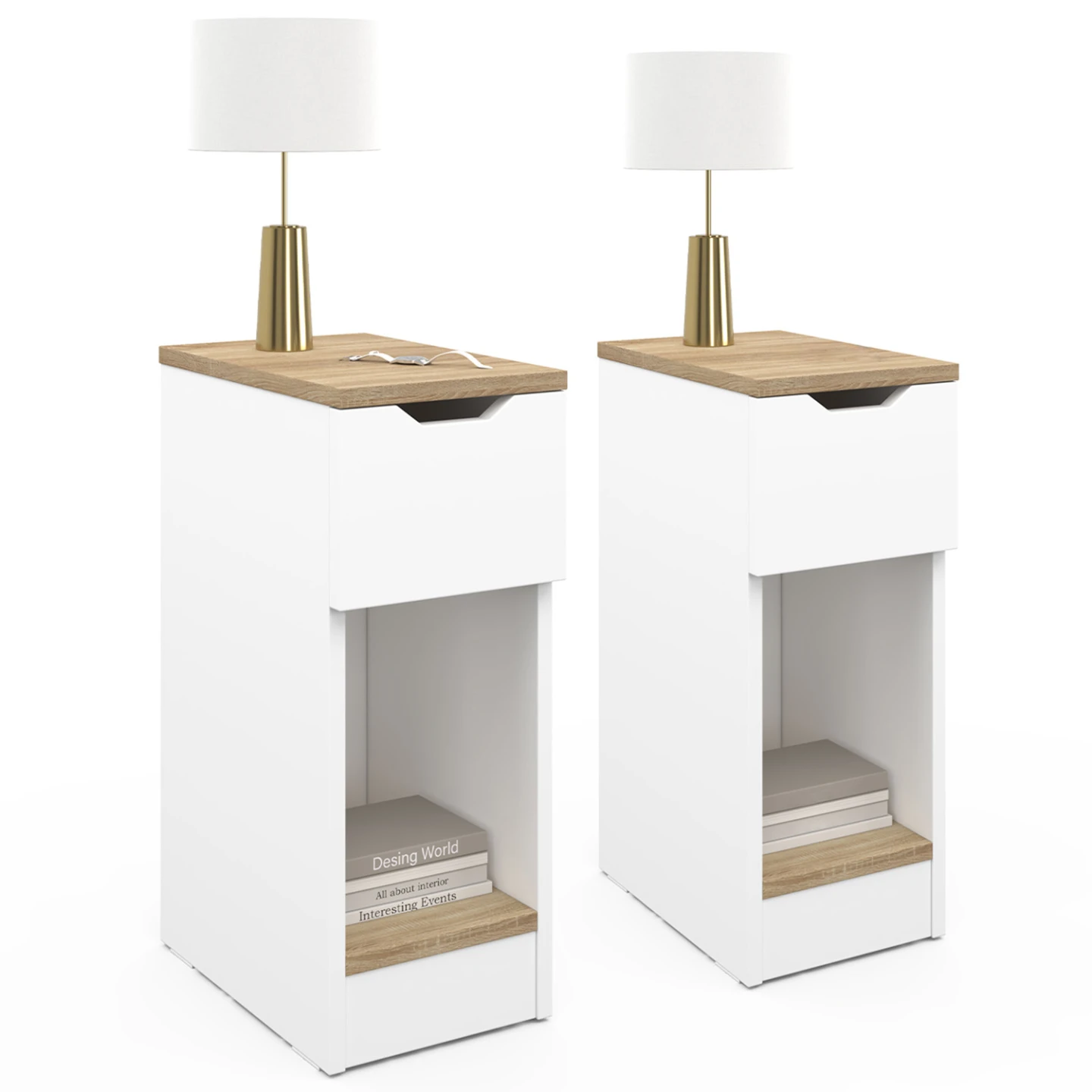 Lot de 2 tables de chevet ANOUK 1 tiroir avec niche blanc et bois