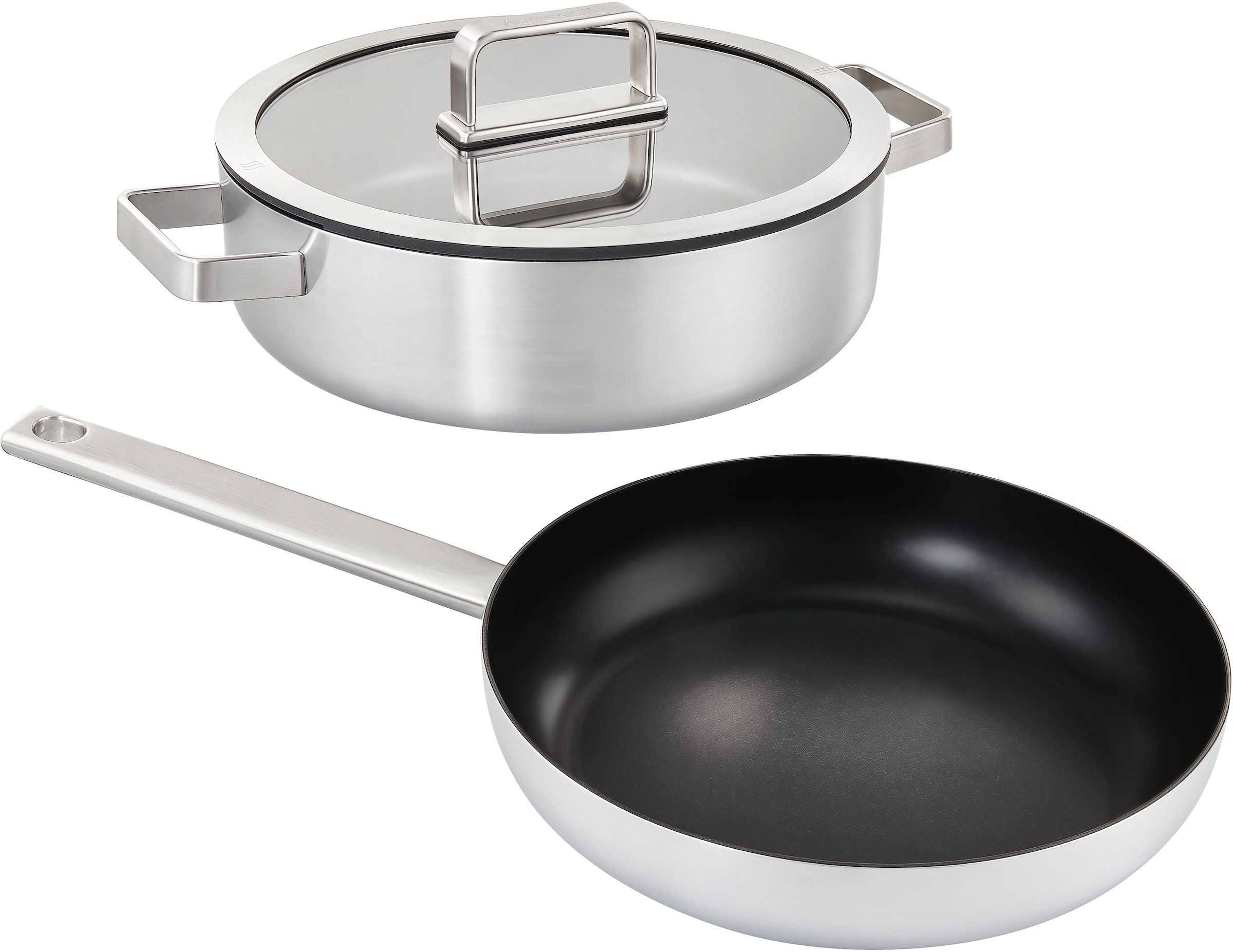 Hanseatic Pfannen-Set »PREMIUM« Edelstahl Set, 1x Pfanne 24 cm, 1x Servierpfanne 28 cm mit Deckel, 3 Stk. tlg. mit Antihaftbeschichtung, für alle Herdarten, Induktion