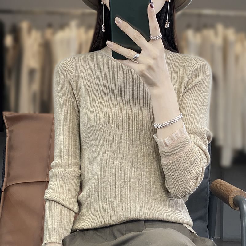 Weelop - Gebreide top met lange mouwen en een mockneck, effen kant