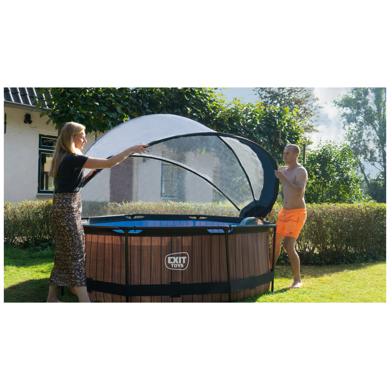 EXIT Wood zwembad ø244x76cm met filterpomp en overkapping -