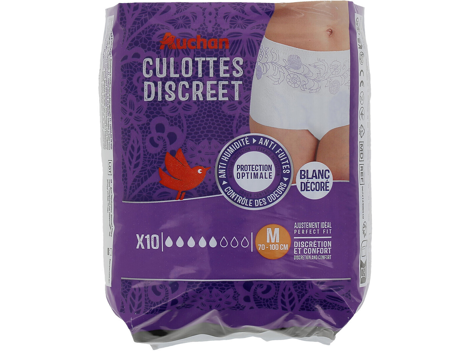 CUECAS DE INCONTINÊNCIA AUCHAN DISCREET TAMANHO M BRANCO 10UN