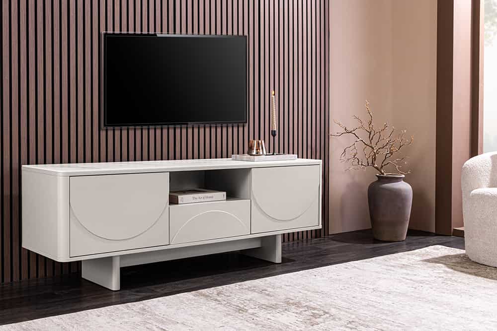 Design TV-Board SAVOY 150cm kaschmir weiß Marmor Keramik mit Stauraum und 3D-Front