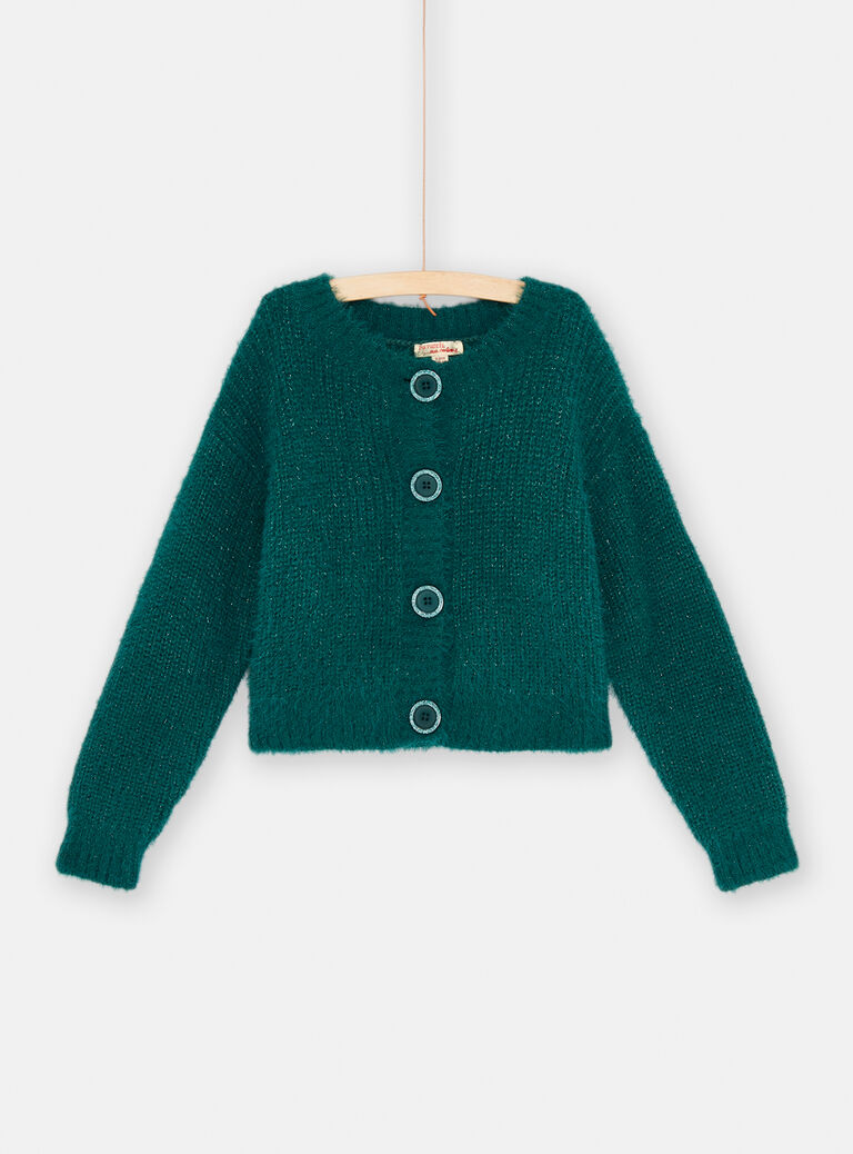 Cardigan bleu canard en maille plume pour fille