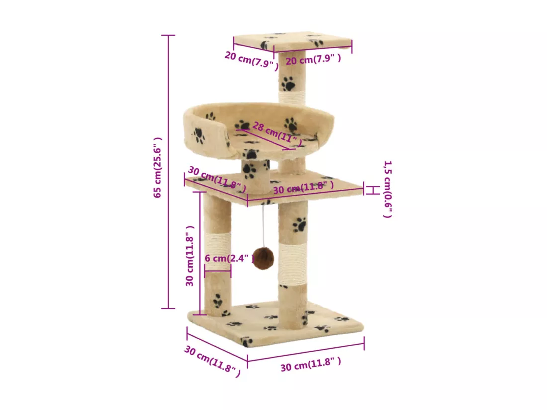 Arbre à chat et griffoirs en sisal 65 cm Beige Motif de pattes