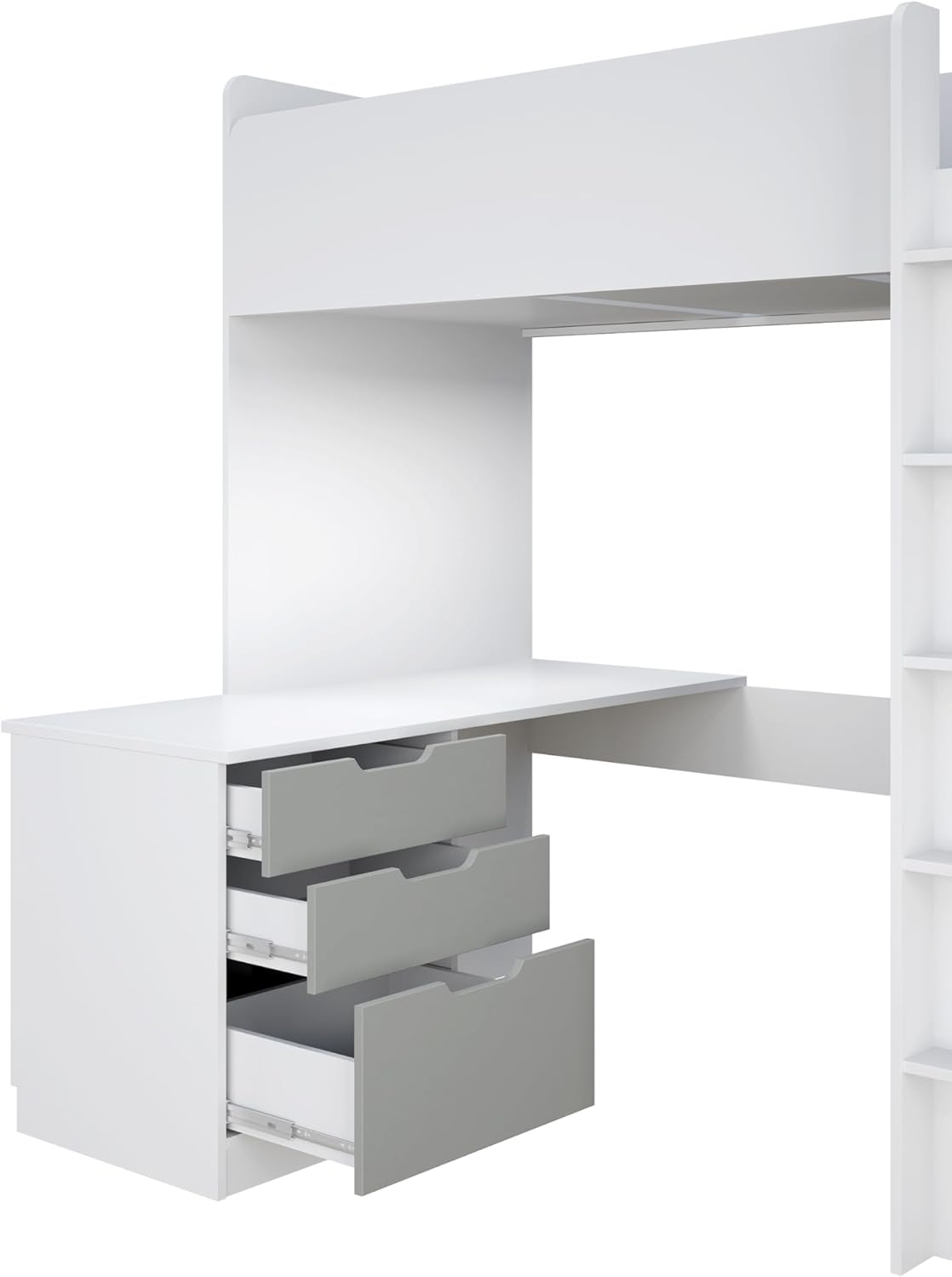Shefa Kids Hochbett Mit Schreibtisch - Platzsparendes 5-in-1 Hochbett Kinder Mit Treppe, Kleiderschrank, Regal & Arbeitsbereich - Grau, Belastbar Bis 90 Kg, Maße: 206 x 107 cm