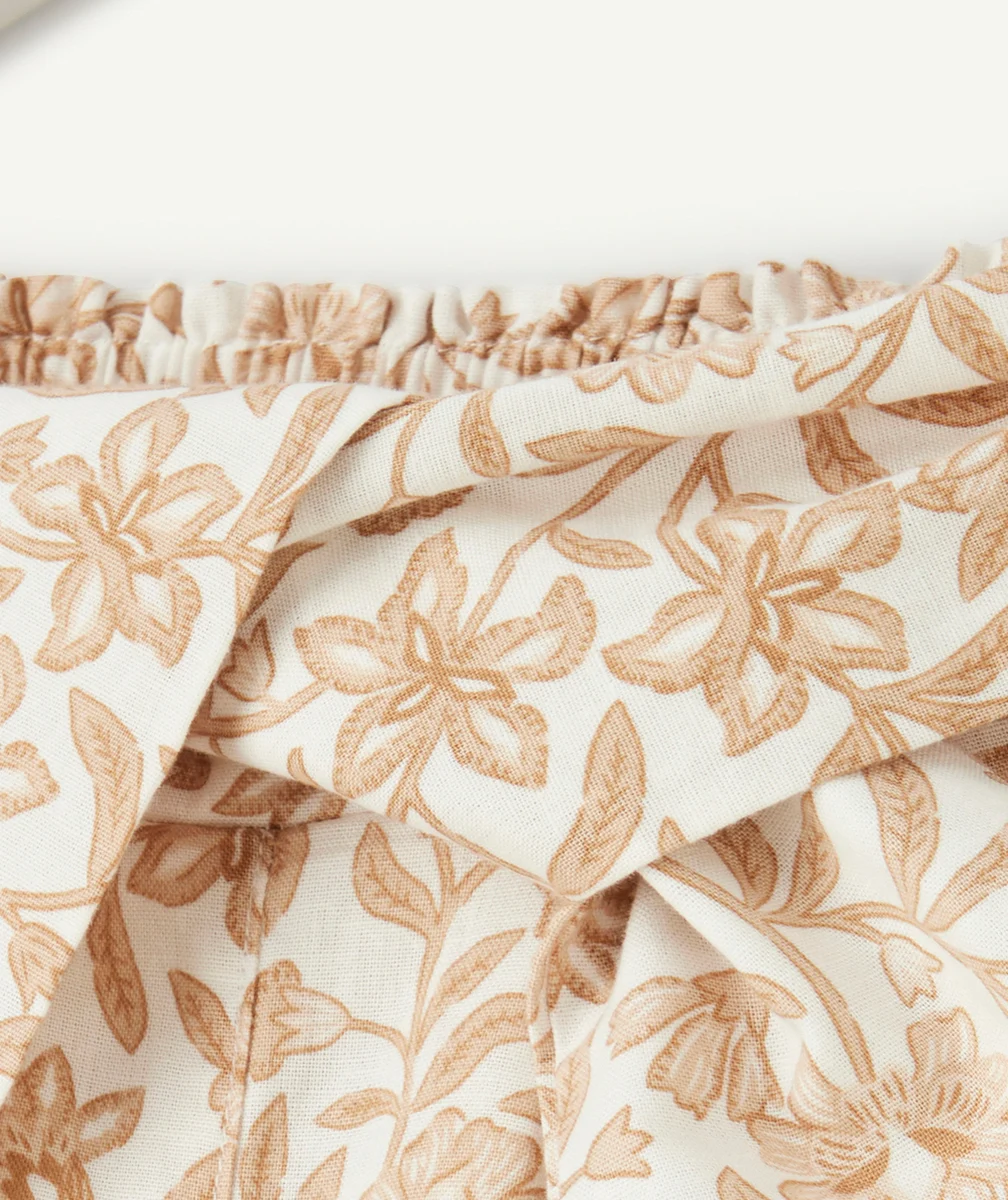 PANTALON FILLE BLANC ET IMPRIMÉ FLEURI MARRON