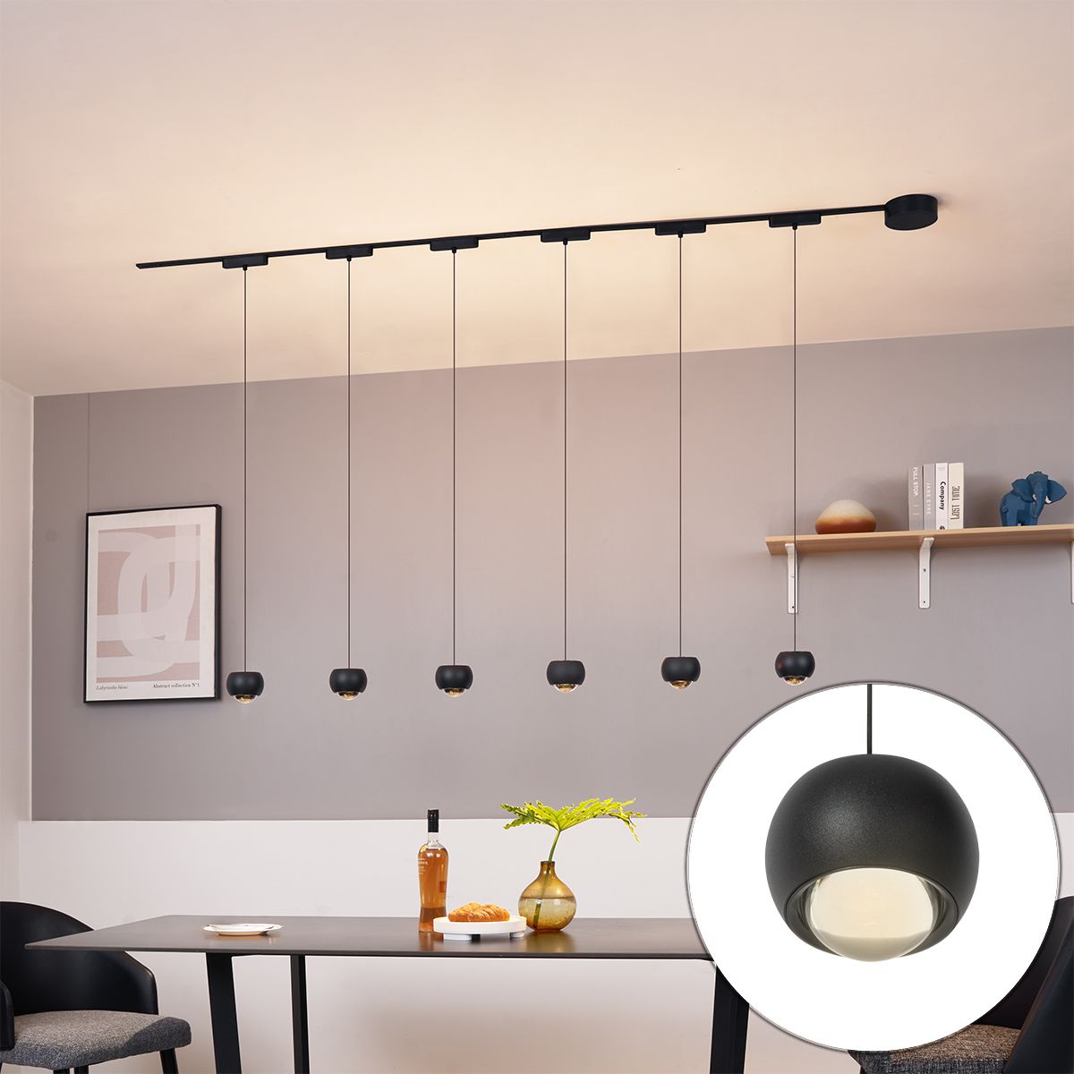 Modern railsysteem met 6 hanglampen zwart 1-fase - Magnetic Lance