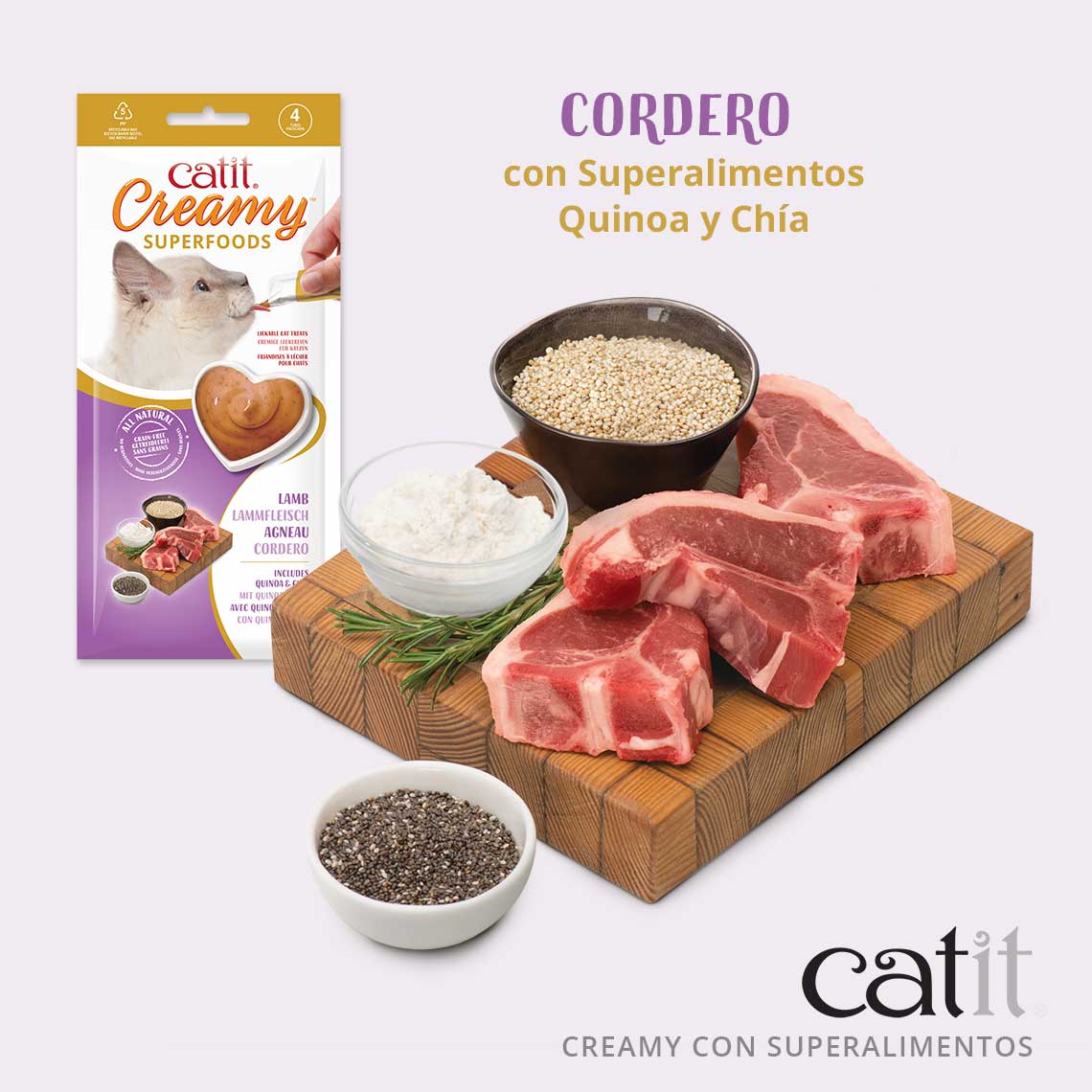 Catit Petisco Líquido Cremoso para Gatos com Cordeiro, Quinoa e Chia, 4x10g