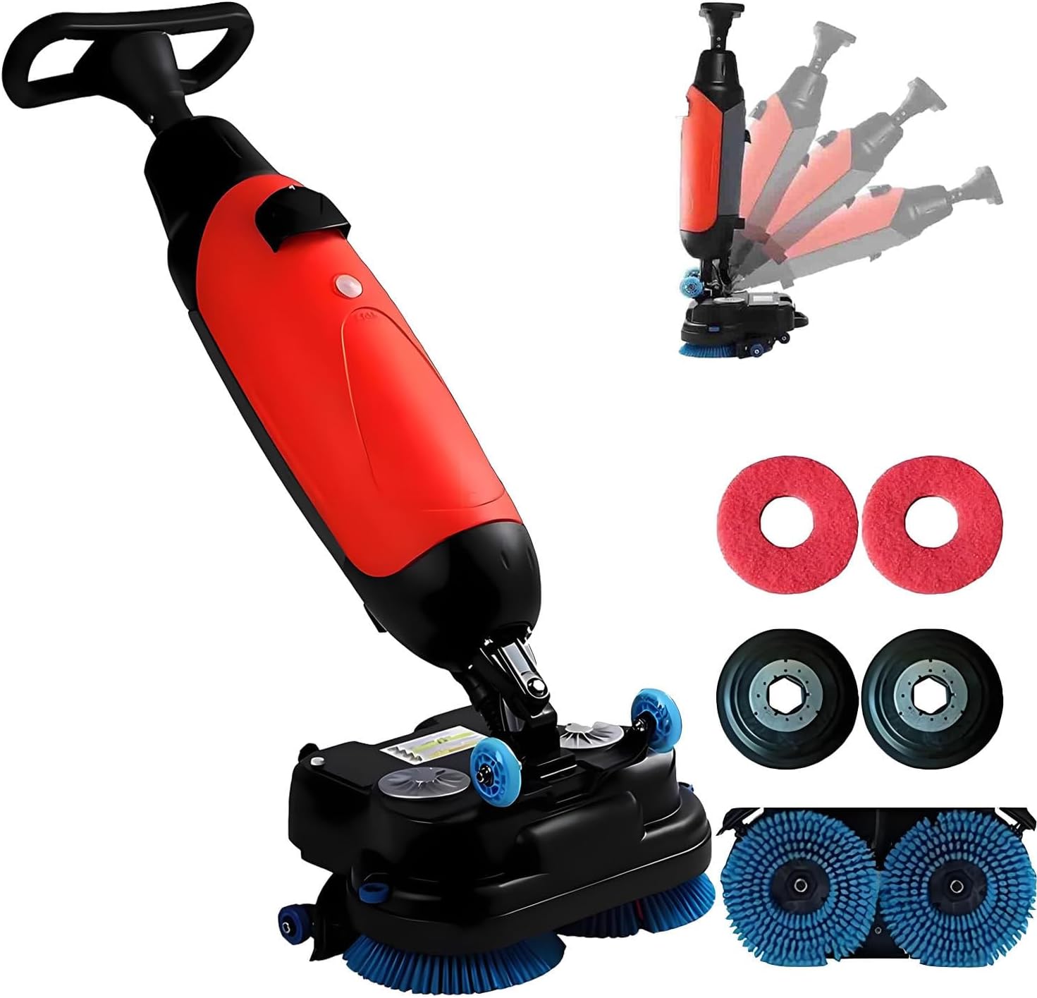 Gewerbliche elektrische Scheuersaugmaschine, handgeführte Scheuersaugmaschine, Reinigungsleistung 1200 m²/h, 2 x 250 W Bürstenleistung und zwei 4-l- + 7-l-Tanks, 360° schwenkbarer Bürstenkopf Red