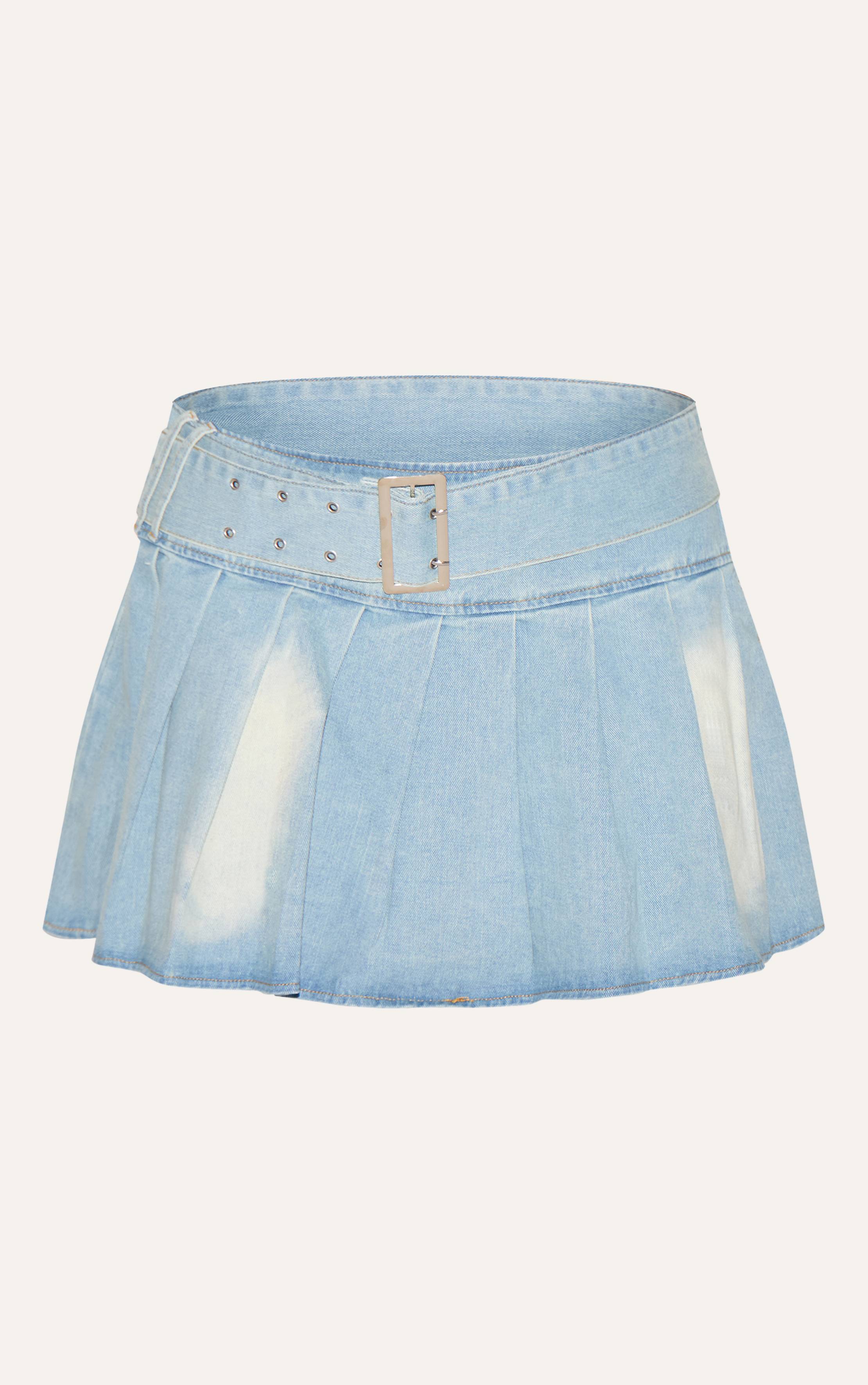 Délavage Vintage Jupe Courte Plissée En Denim Avec Ceinture Grande Taille
