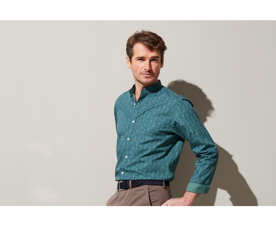 Chemise coton homme bleue à motif tropical vert - NAUBERT