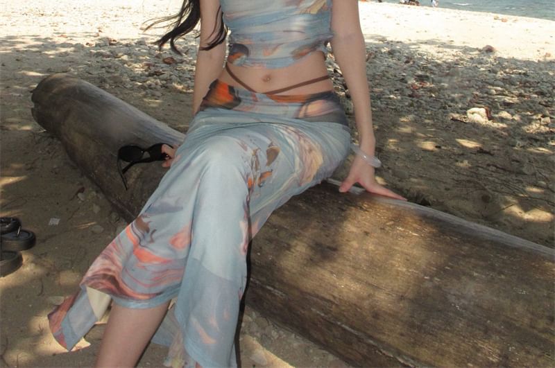 Yuxi - Set: Gestreepte crop top met gerimpeld patroon + lage maxi-kokerrok
