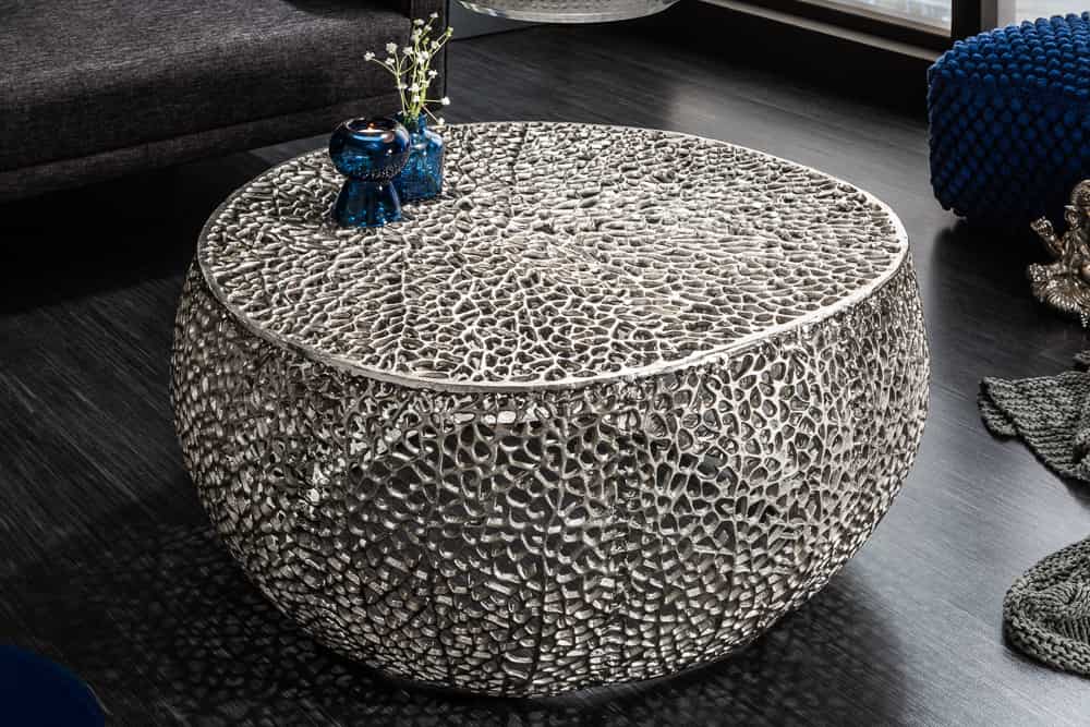 Filigraner Design Couchtisch ABSTRACT LEAF 80cm silber Handarbeit