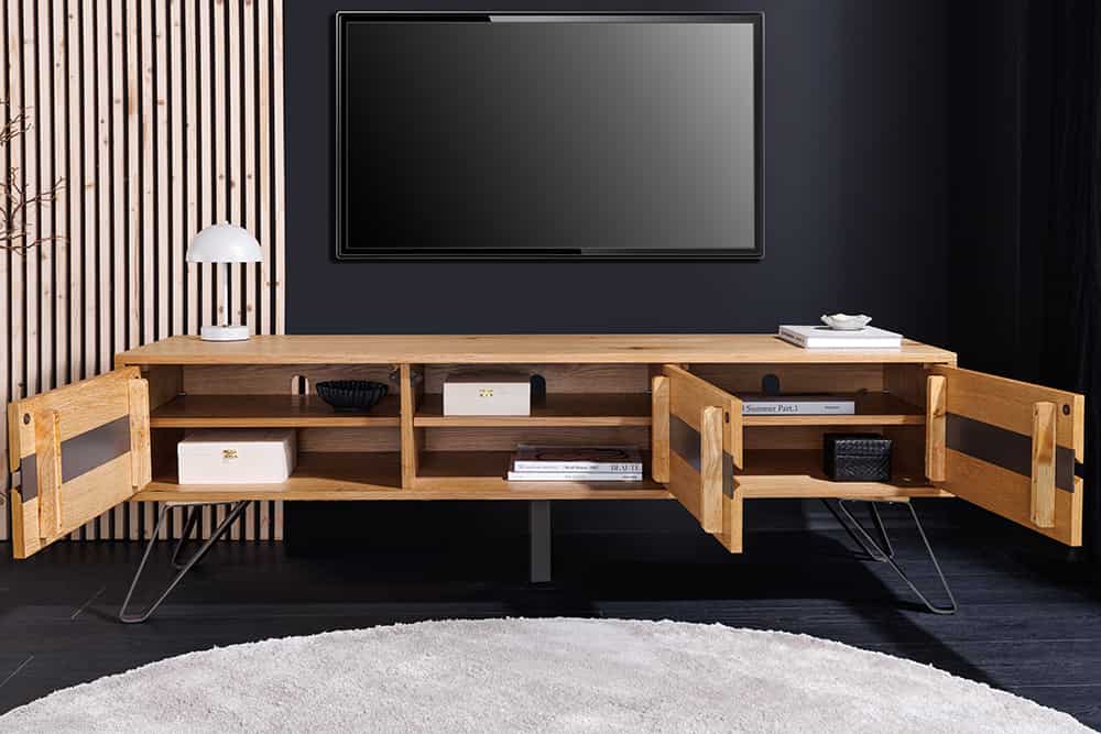 Massives TV-Lowboard LIVING EDGE 160cm natur Eichenholz Baumkante mit Hairpin Legs