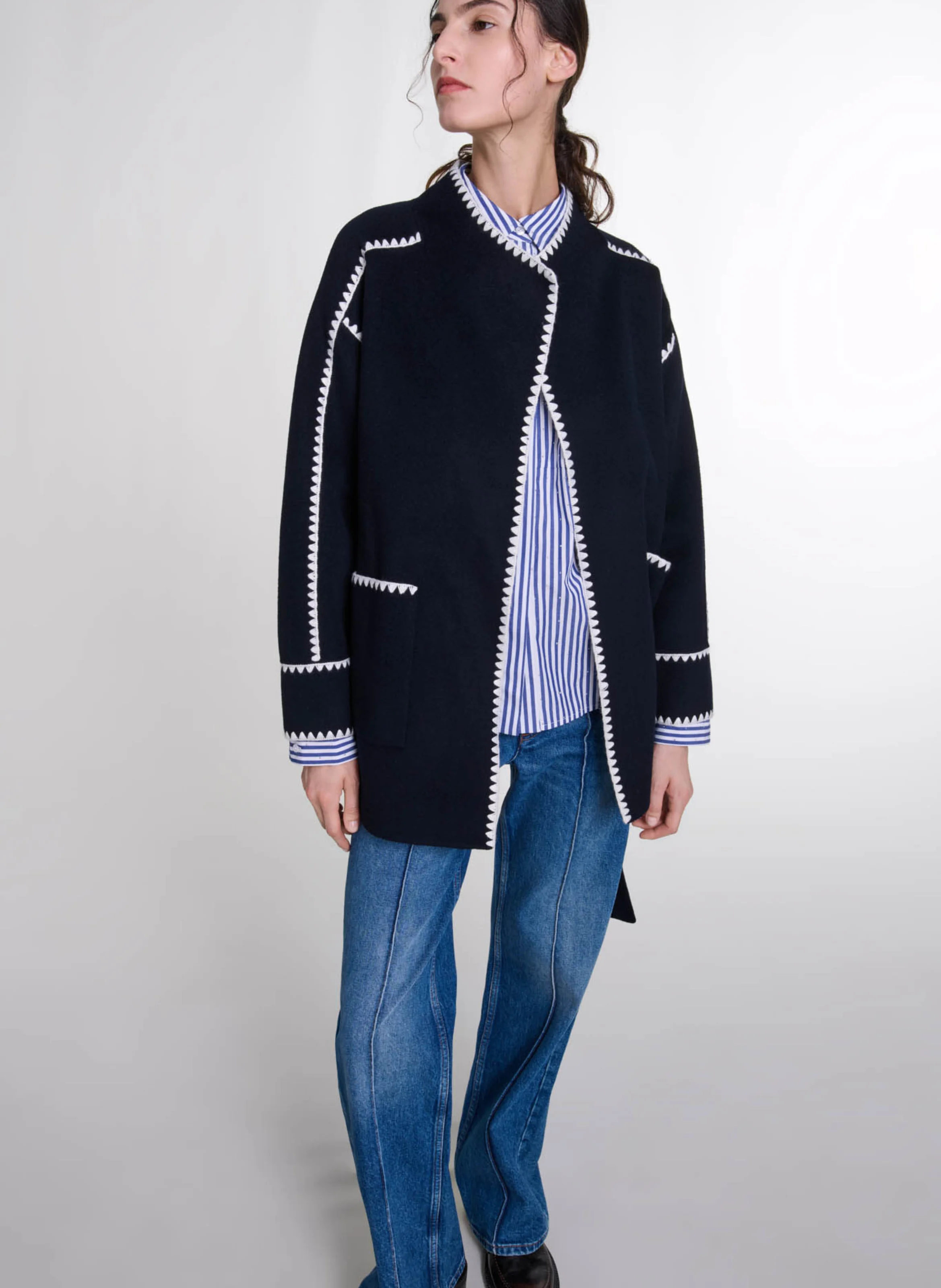 Veste col montant en laine mélangée | Bleu