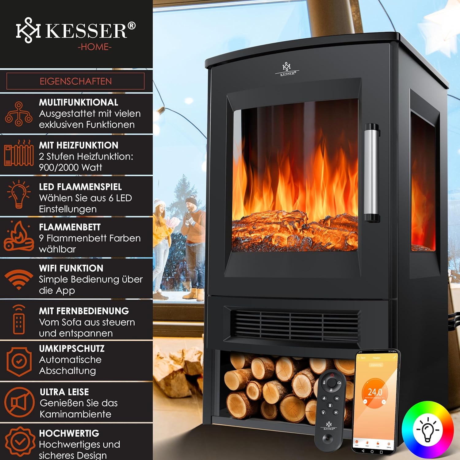 KESSER® Elektrokamin mit Heizung Panorama-Sichtfenster Heizlüfter 9 LED-Flammeneffekt Farbmodi Fernbedienung WiFi App 900/1800W Kaminfeuer elektrisch mit Thermostat Heizfunktion Timer