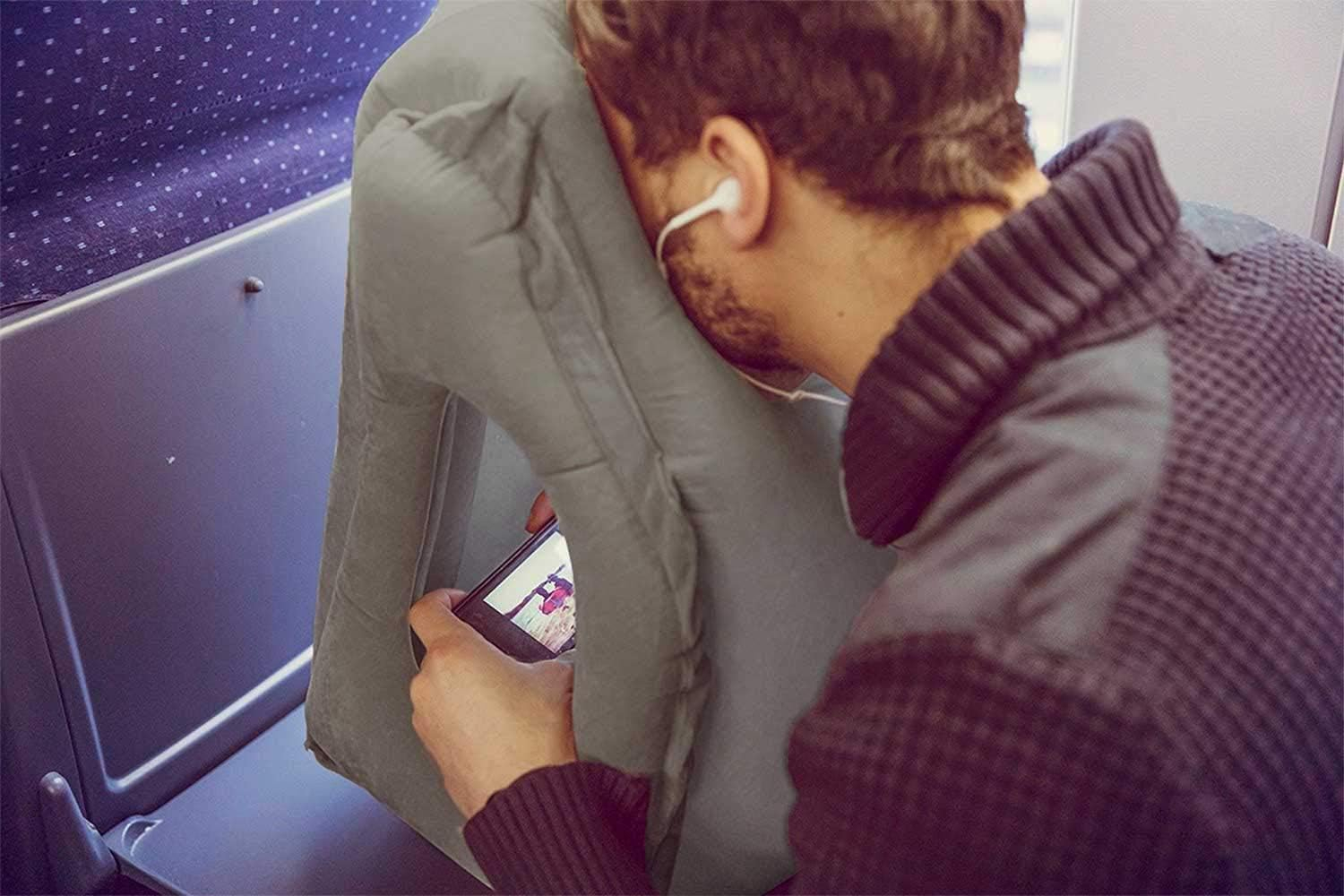 Aufblasbares Nacken Kissen Multifunktionale Reise Kopfstütze mit Aufbewahrungstasche - Grau