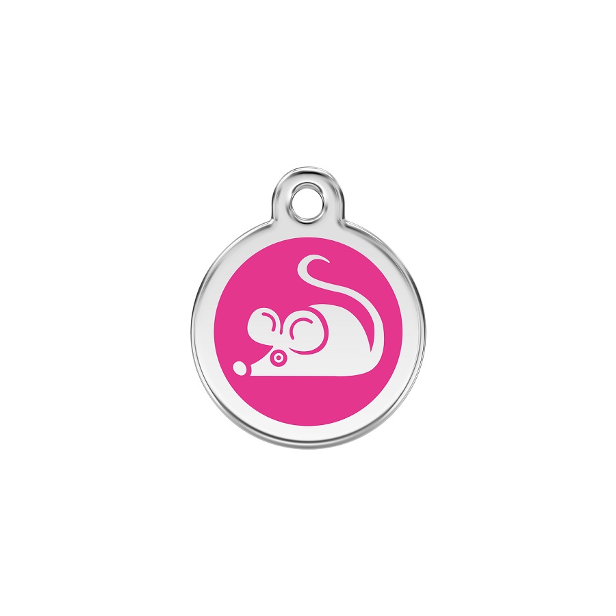 Etiqueta de identificação em aço inoxidável esmaltado rosa choque com desenho de rato/gato