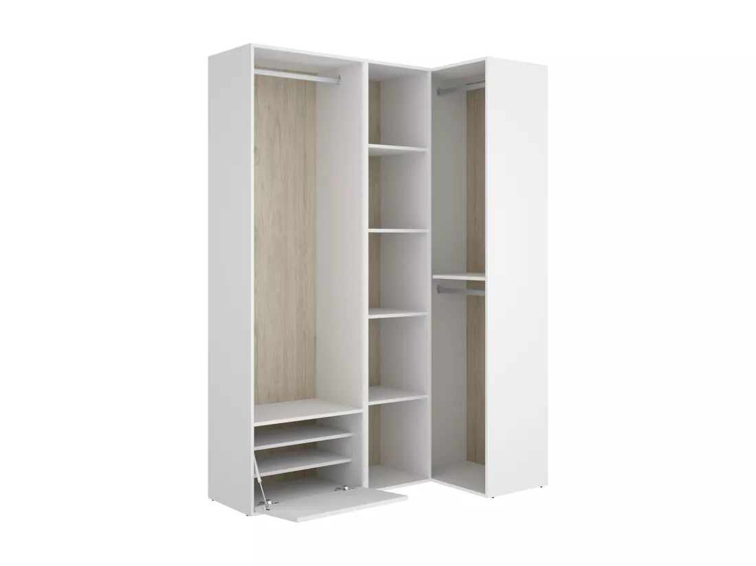 Ensemble dressing d'angle avec portes à chaussures et fond d'arrière réversible coloris chêne naturel, blanc - Longueur 1445 x Profondeur 79 x Hauteur 205 cm
