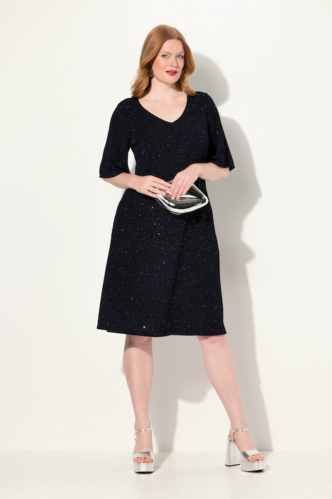 Midikleid, A-Linie, Glitter, V-Ausschnitt, 3/4-Arm