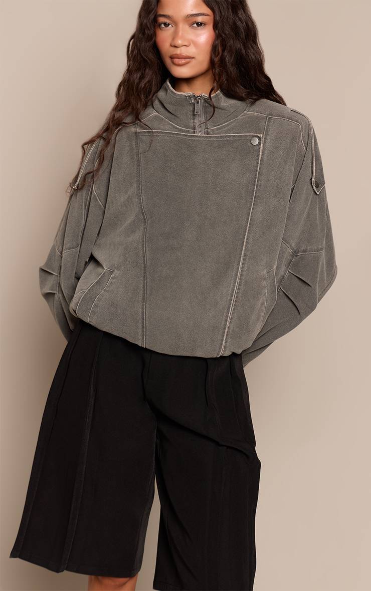 Veste De Motard En Daim Souple Avec Col Montant Et Ceinture Basse