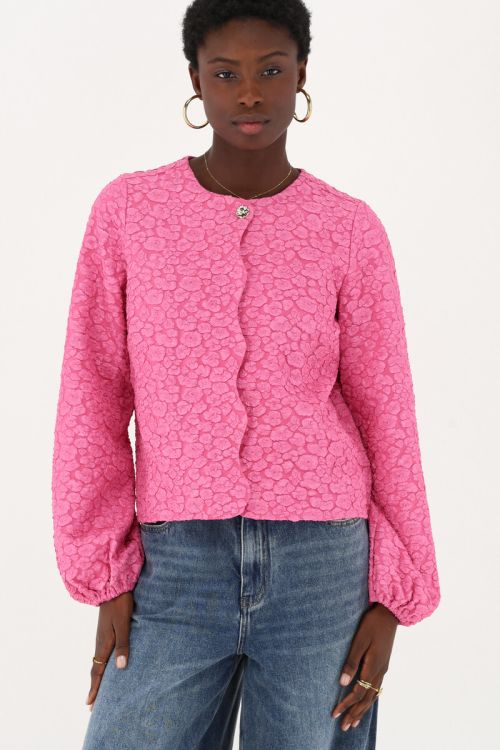 Roze jacquard top met knoopsluiting