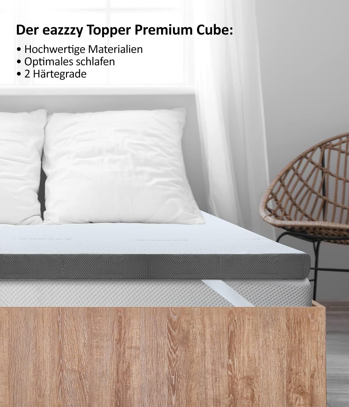 Genius eazzzy Premium Cube Topper Höhe 9 cm ergonomischer Matratzentopper, 2 in 1 Wende-Topper mit Fester und weicher Seite, Atmungsaktiver Mesh-Bezug, mit Eckschlaufen, waschbar180 x 200 cm