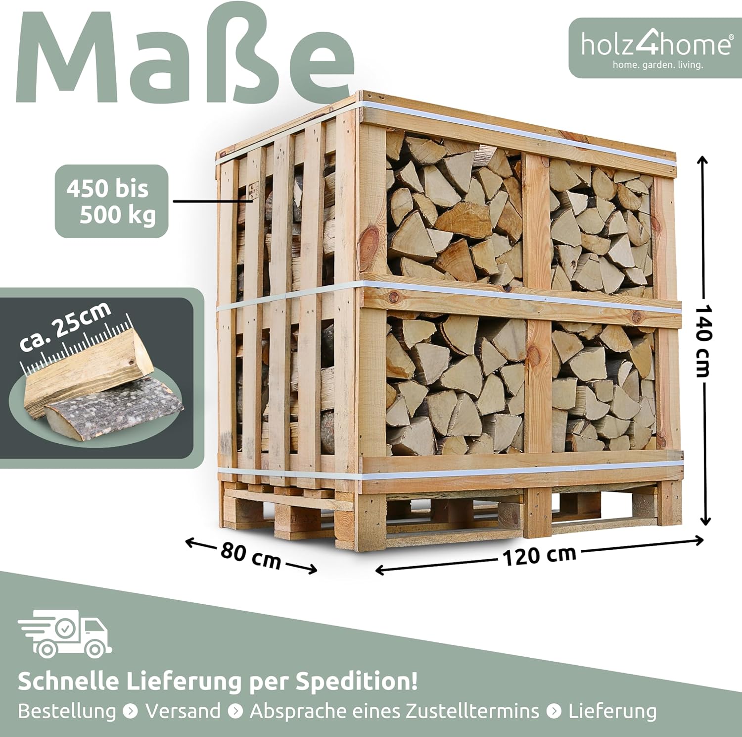 holz4home® Brennholz Hainbuche Kammergetrocknet 25 cm 1RM/ 1,6 SRM I 450-500 kg auf Palette I Ideal als Holz für Ofen Kamin BBQ I optimales Feuerholz Buchenholz Buche