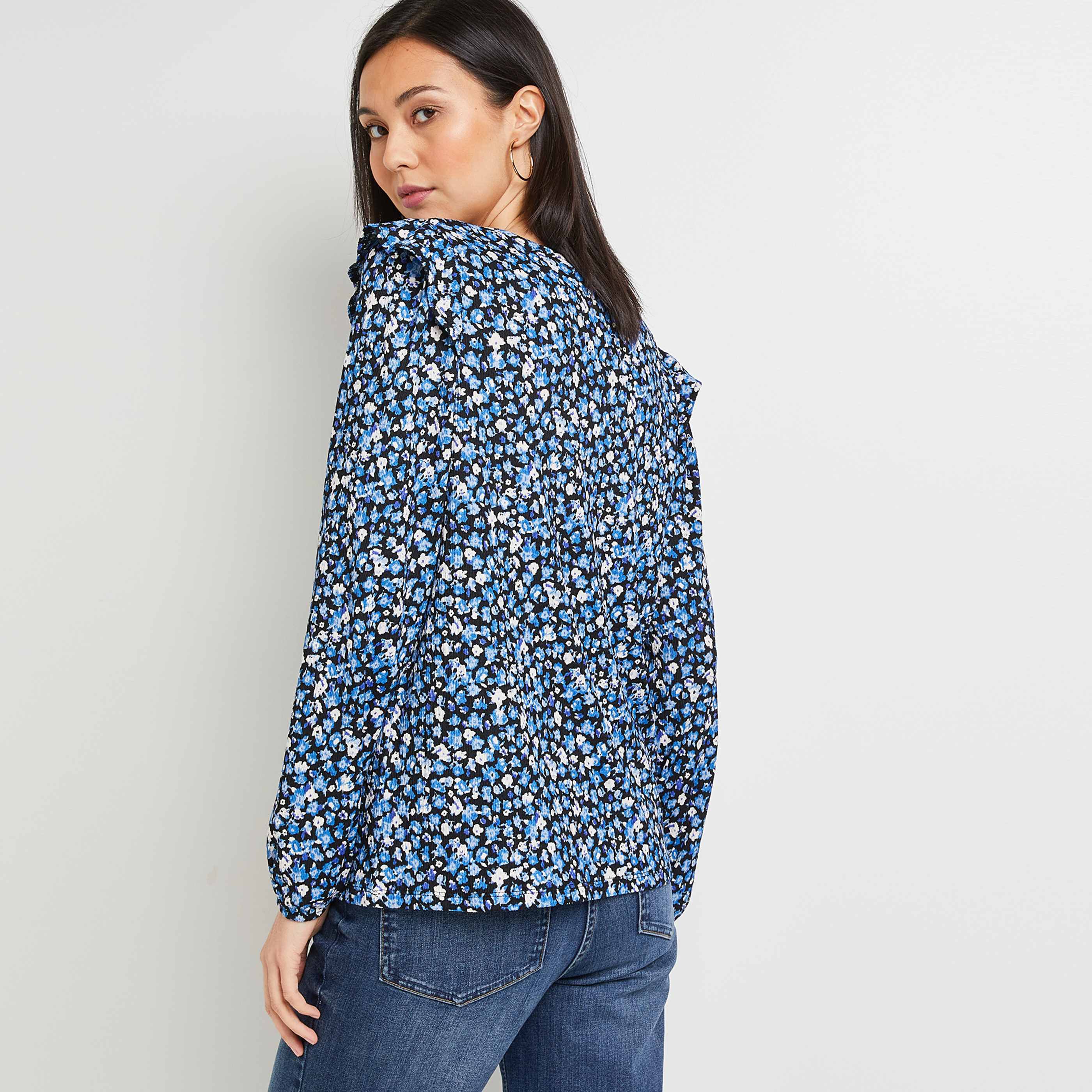 Blouse froissée imprimé fleurs - BLEU
