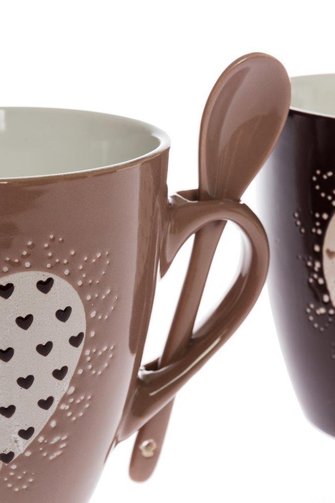 2er Becher-Set mit Löffel DARUN - beige-braun - Porzellan
