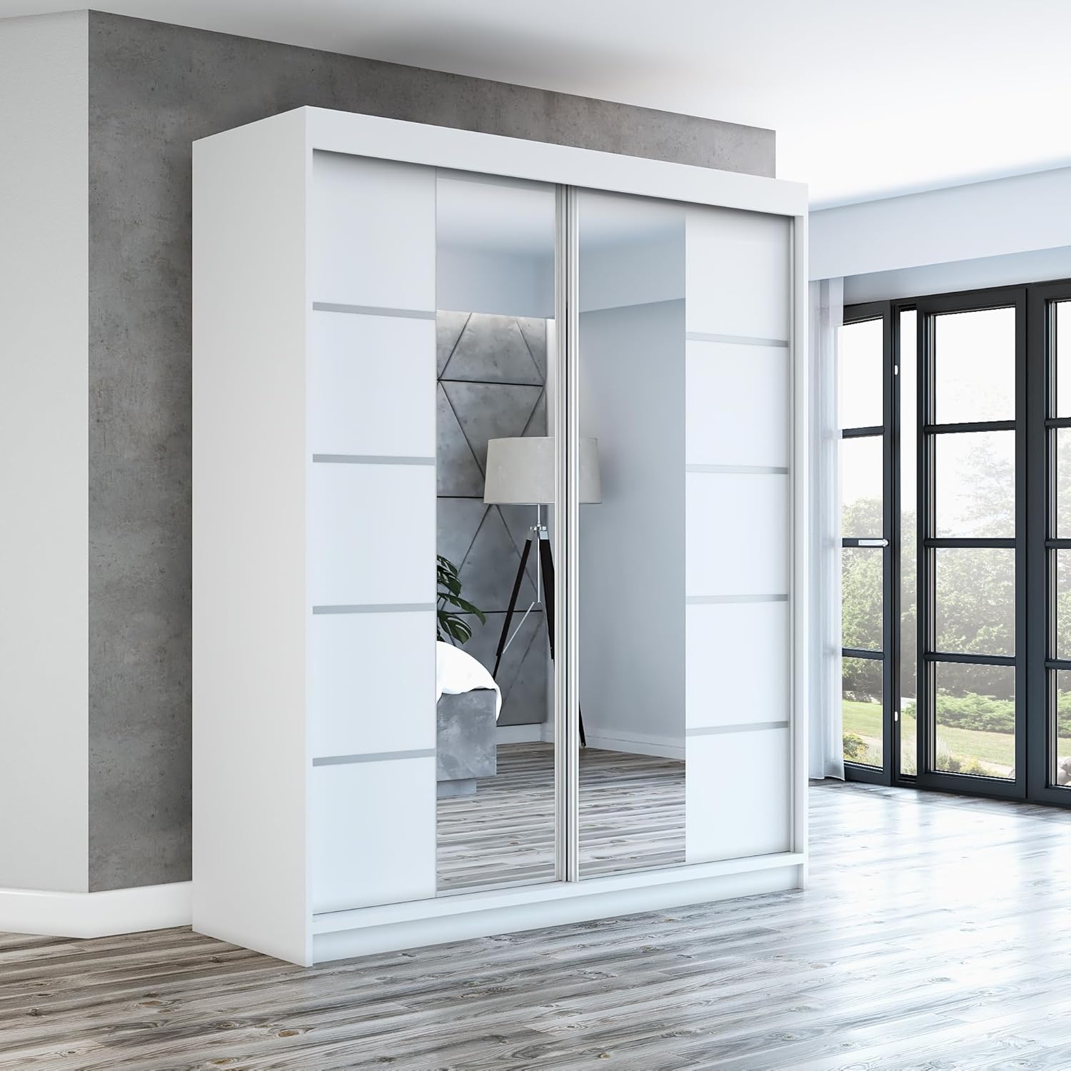A&J MöbelLand Schwebetürenschrank ERA Kleiderschrank 2-türig mit Spiegel, Garderobe 160 cm (Weiß/Weiß/Weiß)
