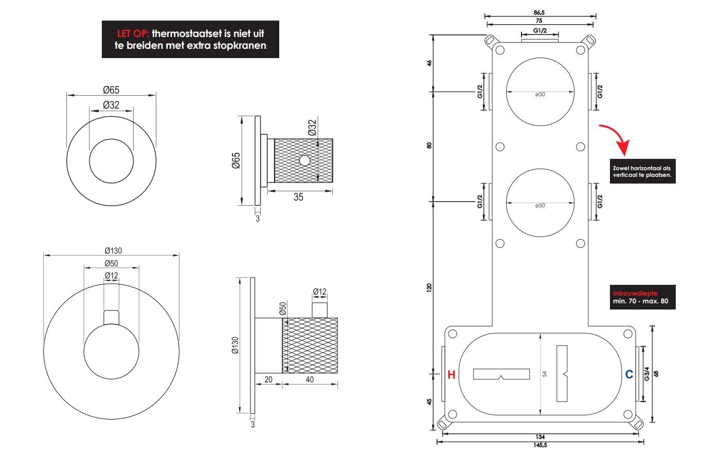 Brauer Chrome Carving inbouwthermostaat en 2 stopkranen chroom