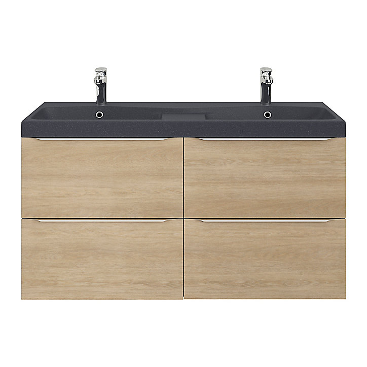 Meuble sous vasque à suspendre GoodHome Imandra bois chêne 120 cm + Plan double vasque noir GoodHome Mila 120 cm