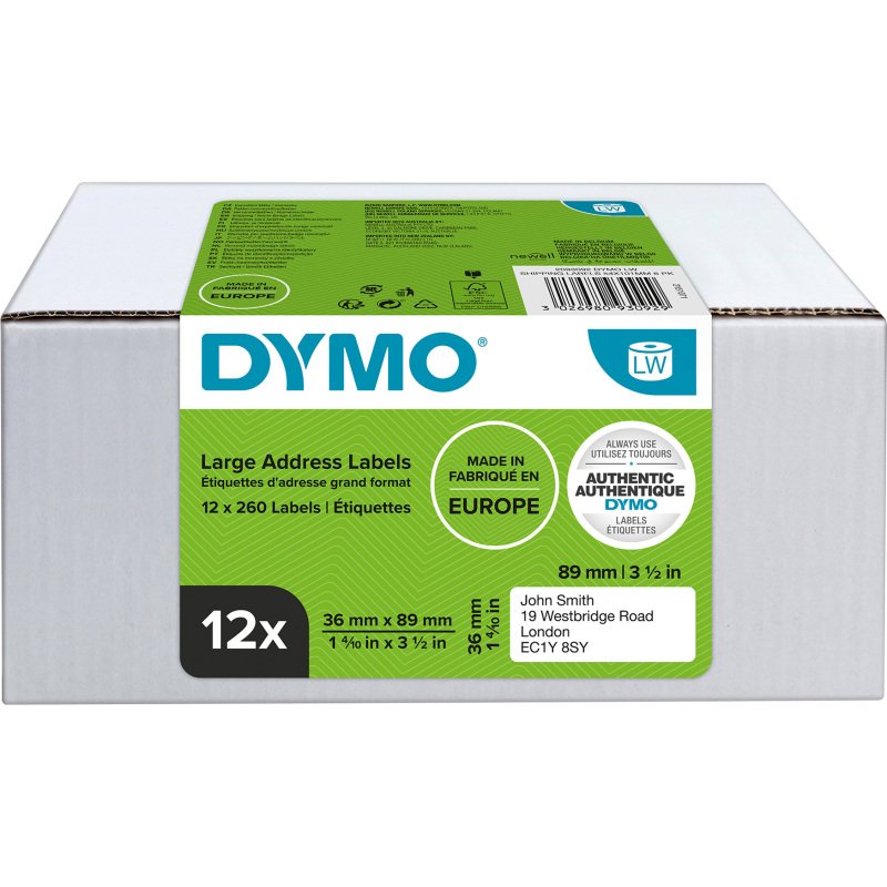 Pack 12 rouleaux d'étiquettes d'adresse 36 x 89 mm Dymo