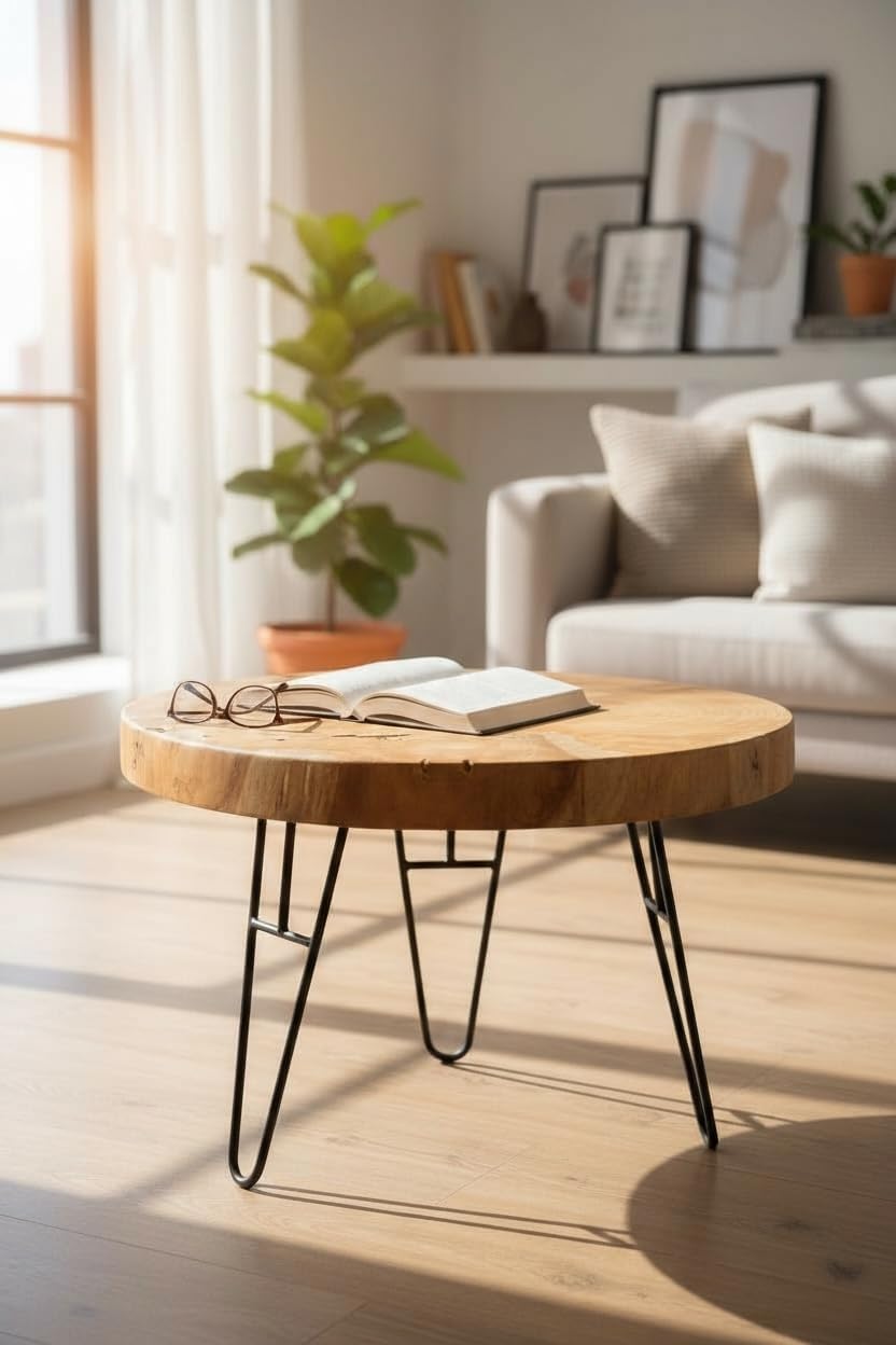 Holz Couchtisch – Beistelltisch Kaffeetisch – Mit DREI Metallbeinen – Rund aus Teakholz – 60x60x43 cm