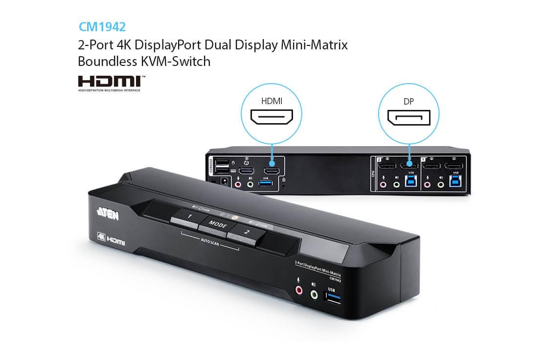 KVM Switch CM1942 DisplayPort, 4K 60Hz<br>2-Port 4K DisplayPort Dual Display Mini-Matrix Boundless KVM-Switch